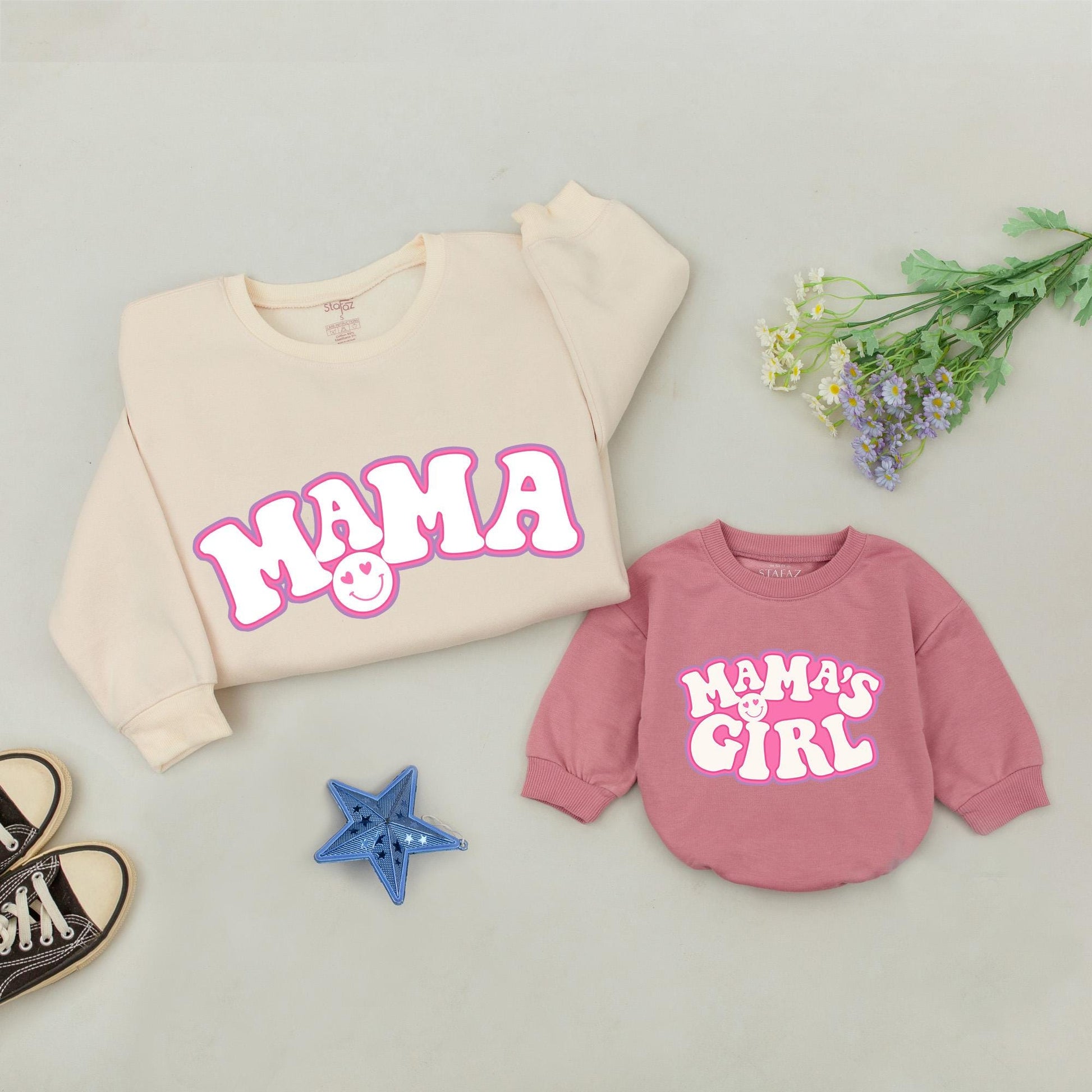 Retro Mama and Me Matching Sweatshirts: Girl Mama's Girl Outfits with Heart Eyes Smiley, Fall Family Style, Baby Shower Gift Sets, Mom and Daughter