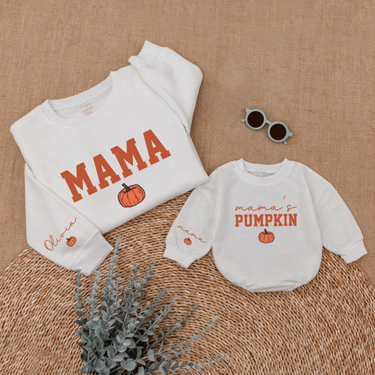 Mama's Pumpkin Sweatshirt Romper Matching Mommy and Me Fall Thanksgiving Outfit for Baby and Toddler