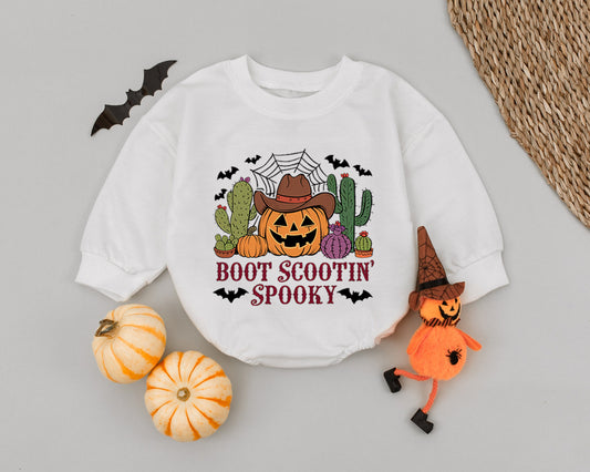 Boot Scootin' Spooky Baby Romper First Halloween Outfit Pumpkin Cowboy Toddler Costume Vintage Western Fall Bodysuit with Cacti & Bats