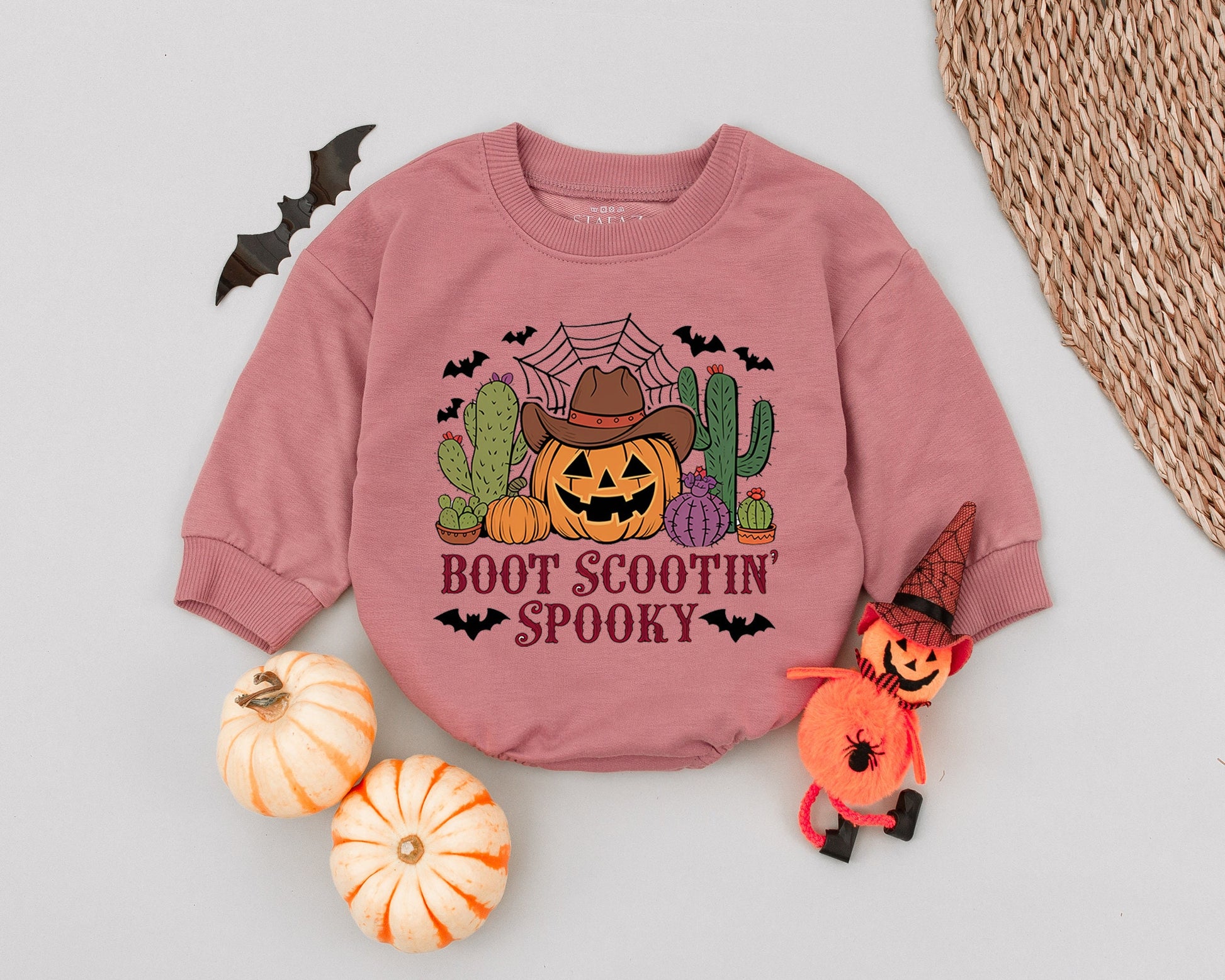 Boot Scootin' Spooky Baby Romper First Halloween Outfit Pumpkin Cowboy Toddler Costume Vintage Western Fall Bodysuit with Cacti & Bats