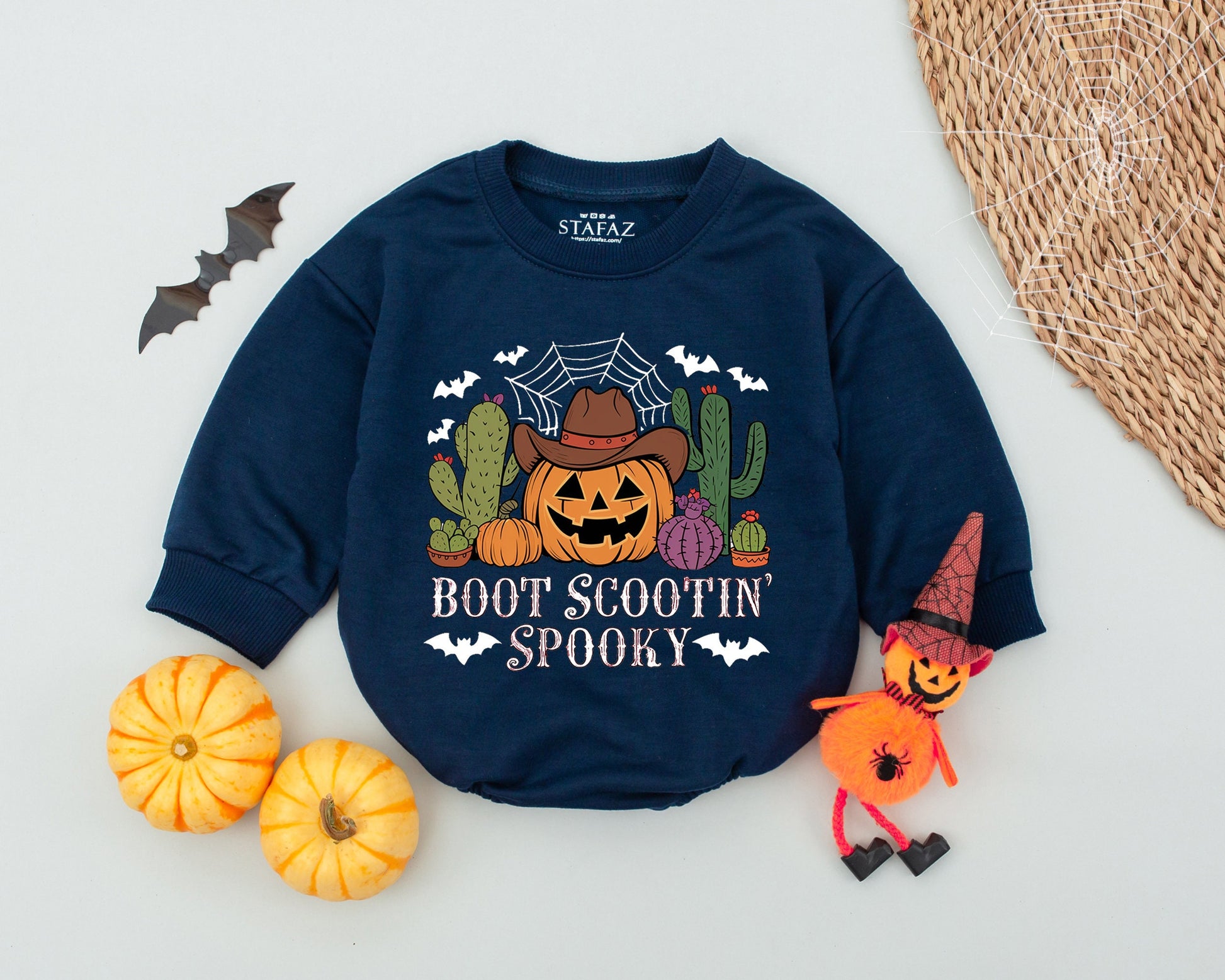 Boot Scootin' Spooky Baby Romper First Halloween Outfit Pumpkin Cowboy Toddler Costume Vintage Western Fall Bodysuit with Cacti & Bats
