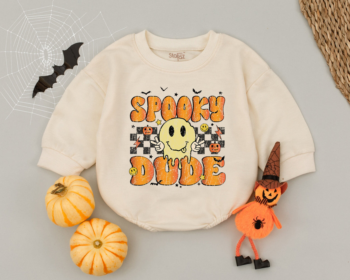 Retro Checkered Halloween Baby Romper - Smiley Face & Spooky Fun