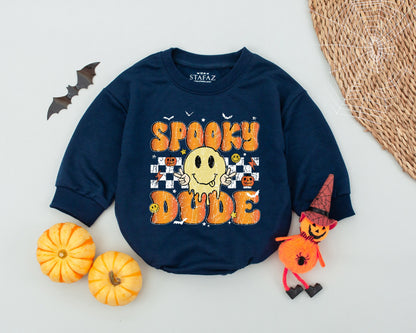 Retro Checkered Halloween Baby Romper - Smiley Face & Spooky Fun