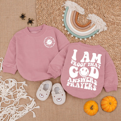I Am Proof God Answers Prayers Baby Bodysuit Christian Gender Reveal Gift Playful Colorful Newborn Romper with Smiley Face Dove Sunshine Design
