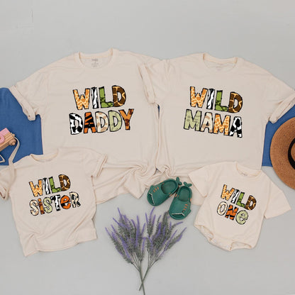Wild One Safari Animal Print Family Matching Birthday T-Shirts for 1st Birthday Party Mommy Daddy Sister Toddler Outfit