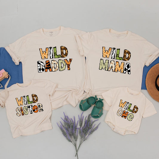 Wild One Safari Animal Print Family Matching Birthday T-Shirts for 1st Birthday Party Mommy Daddy Sister Toddler Outfit
