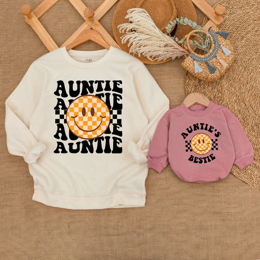 Auntie and Bestie Matching Sweatshirt Set with Retro Checkerboard Smiley Face Adorable Orange Cream Nephew Niece Baby Outfit Gift