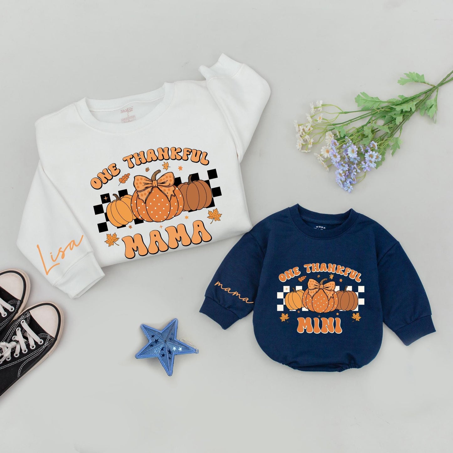 Retro Mama & Mini Pumpkin Thanksgiving Matching Shirt Gift Set