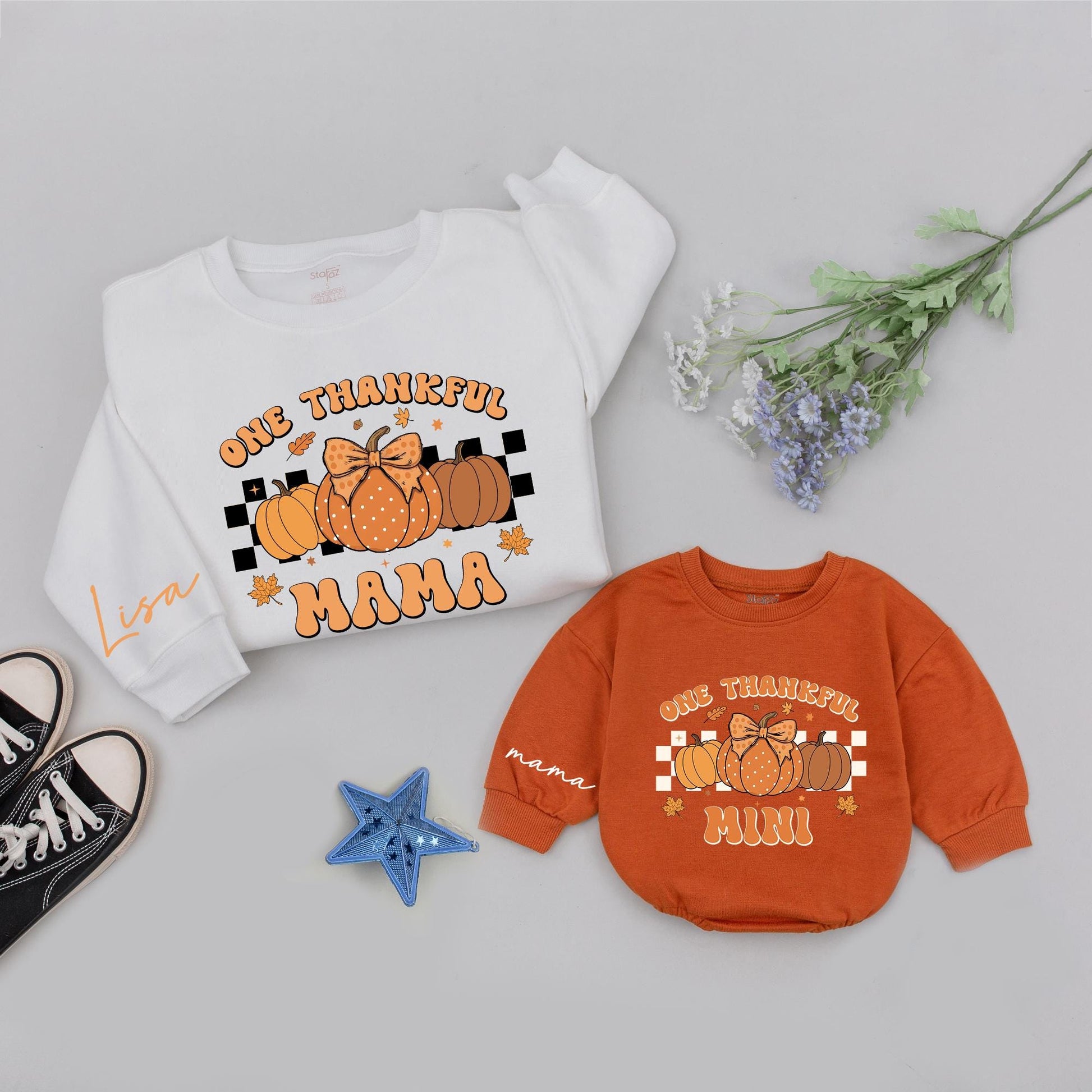 Retro Mama & Mini Pumpkin Thanksgiving Matching Shirt Gift Set