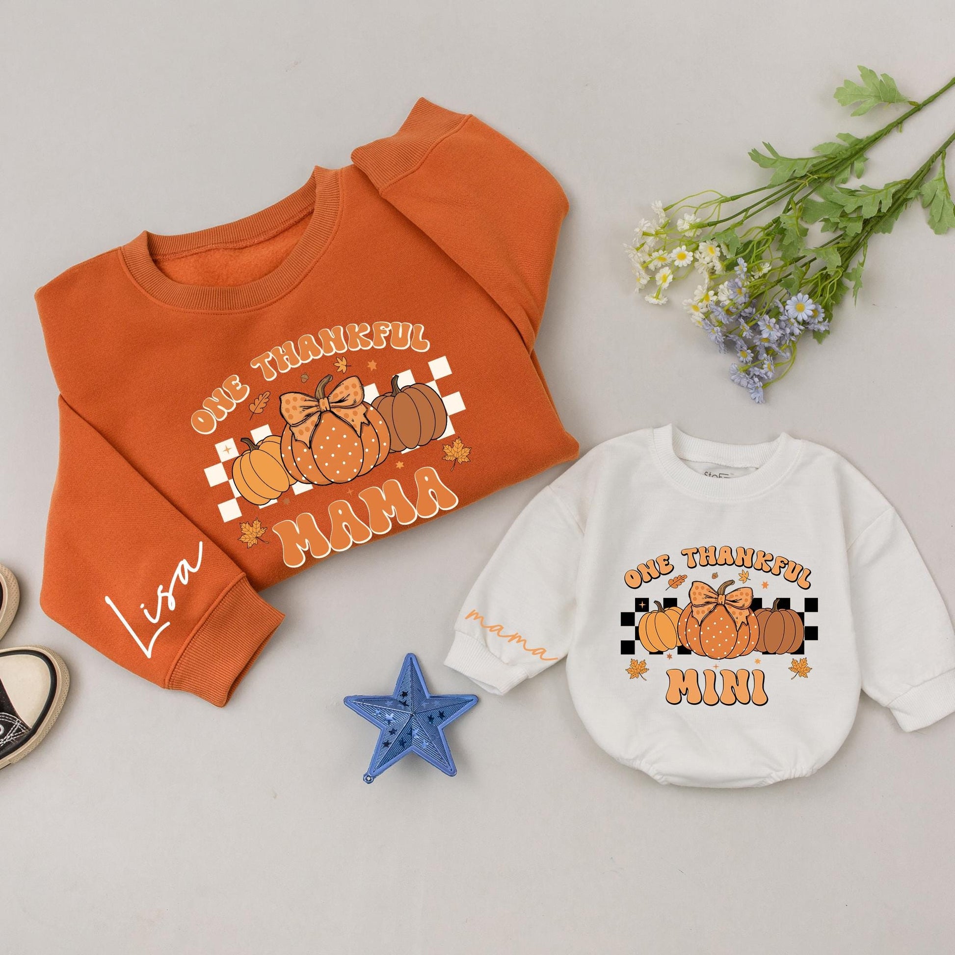 Retro Mama & Mini Pumpkin Thanksgiving Matching Shirt Gift Set