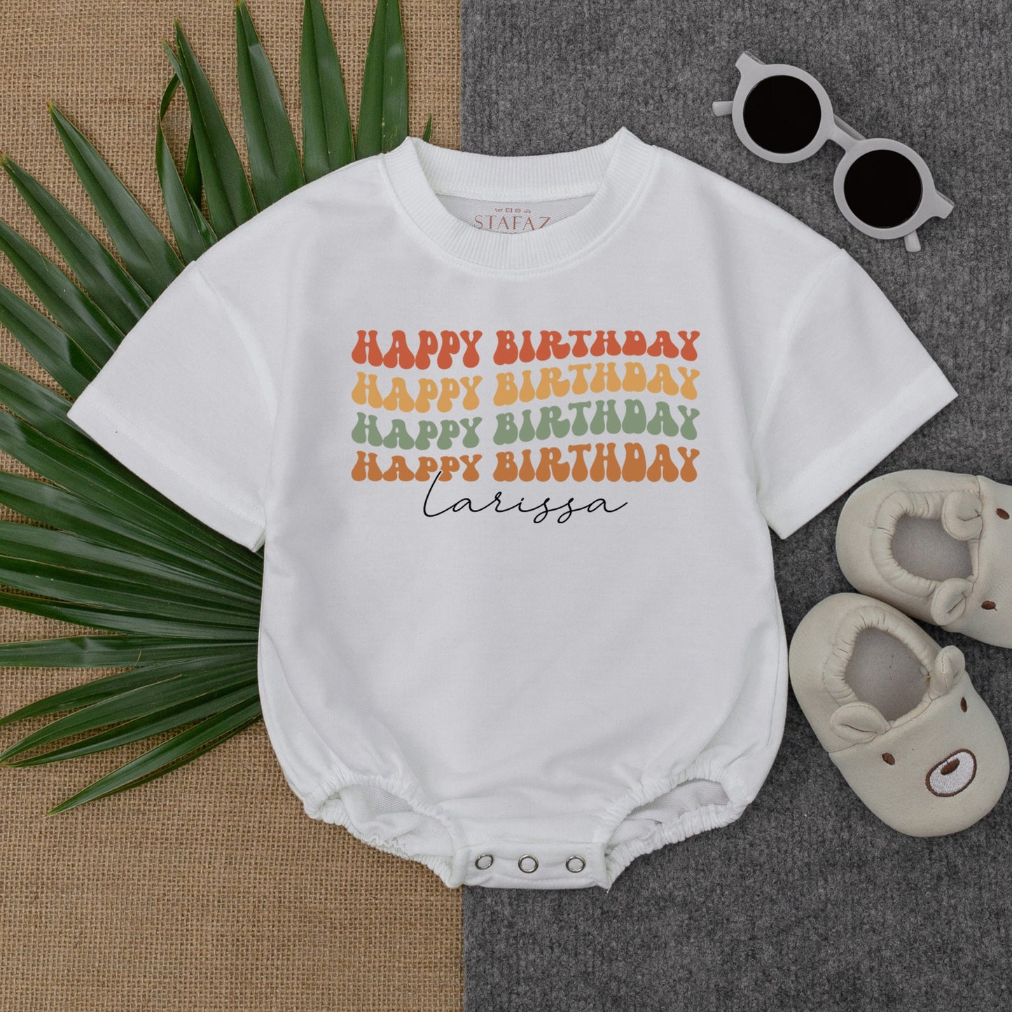Larissa Happy Birthday Romper, Retro Color Block Design for Baby Girl, 1st Birthday Outfit, Custom Name Script, Comfy Bubble Romper