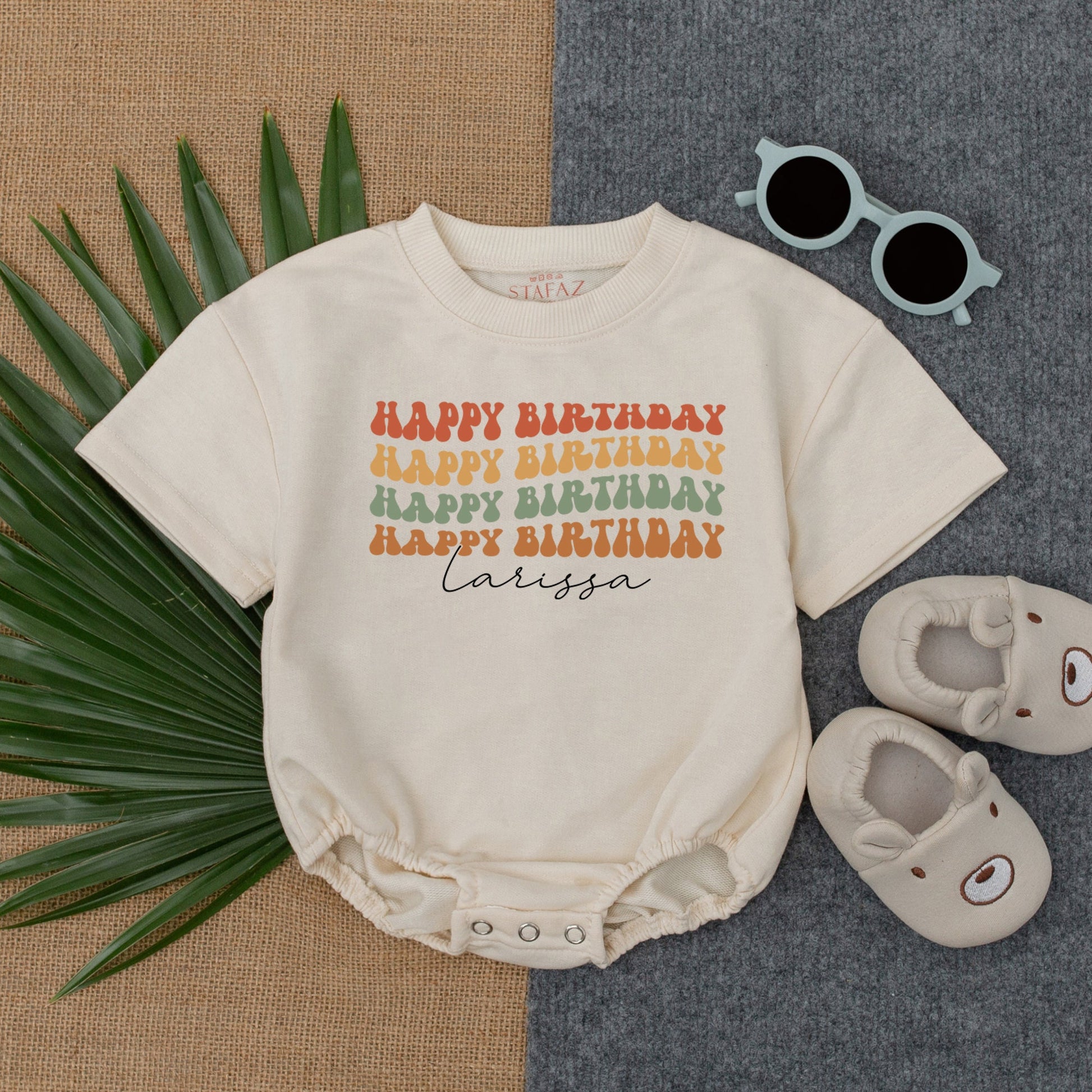 Larissa Happy Birthday Romper, Retro Color Block Design for Baby Girl, 1st Birthday Outfit, Custom Name Script, Comfy Bubble Romper