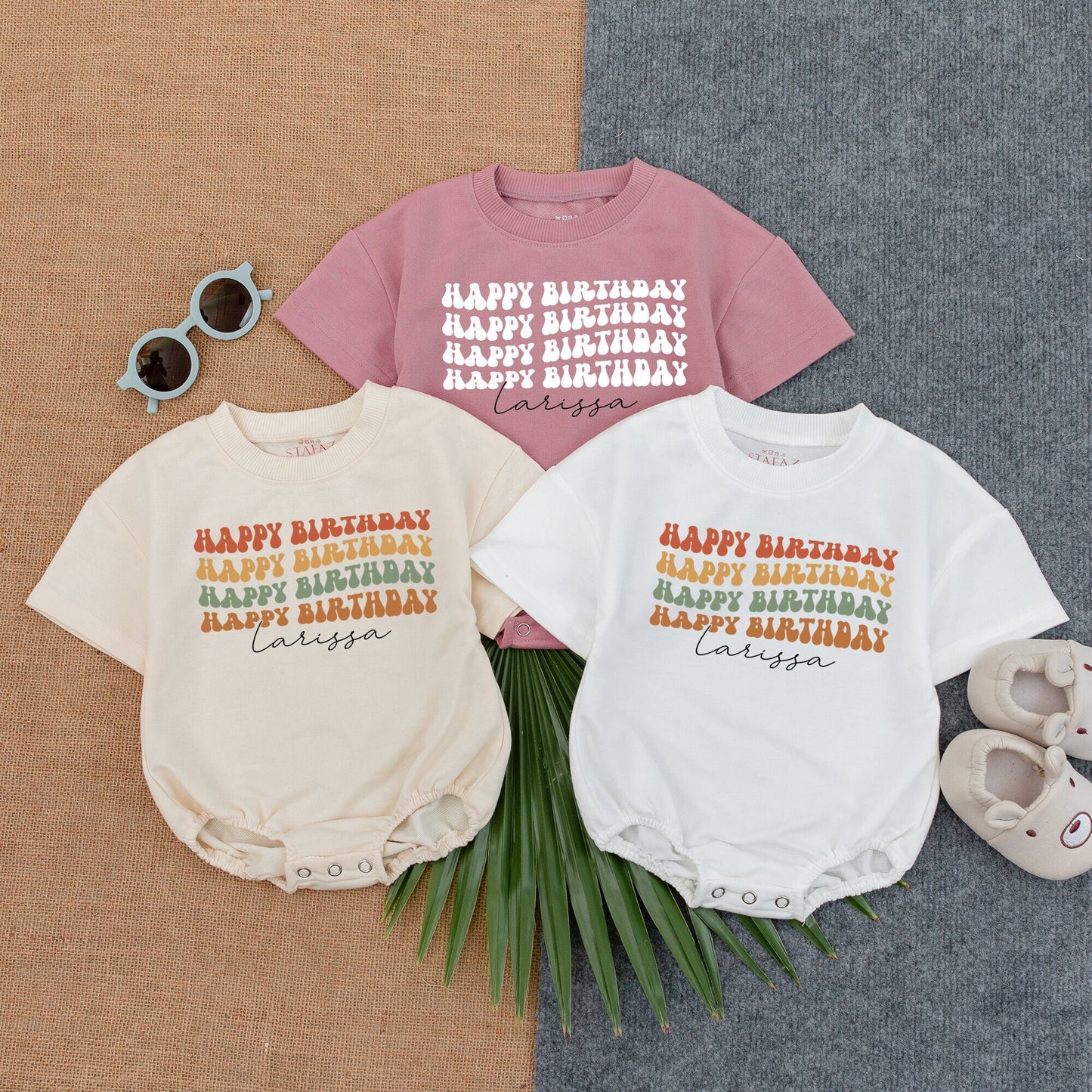 Larissa Happy Birthday Romper, Retro Color Block Design for Baby Girl, 1st Birthday Outfit, Custom Name Script, Comfy Bubble Romper