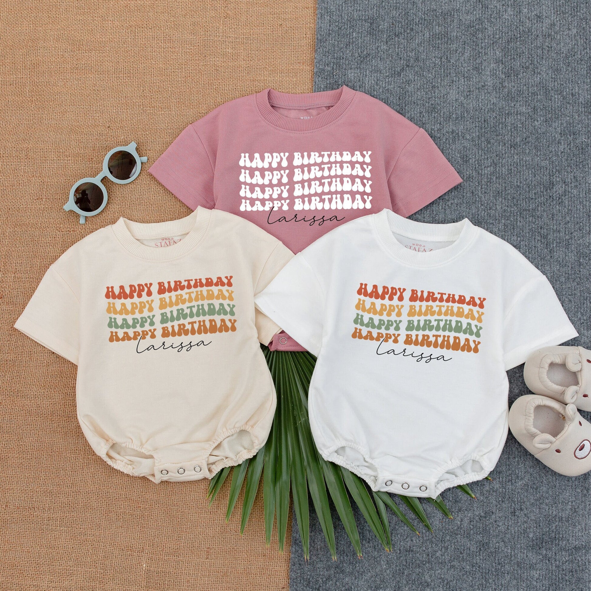 Larissa Happy Birthday Romper, Retro Color Block Design for Baby Girl, 1st Birthday Outfit, Custom Name Script, Comfy Bubble Romper