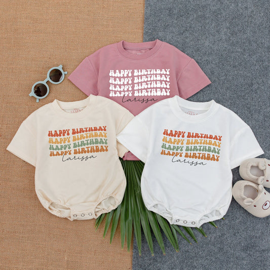 Larissa Happy Birthday Romper, Retro Color Block Design for Baby Girl, 1st Birthday Outfit, Custom Name Script, Comfy Bubble Romper