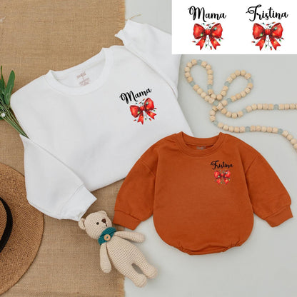 Mama & Mini Matching Family Christmas Sweatshirt Red Bow Holly Design, Dad Daughter Baby Bodysuit, First Christmas Cute Romper, Holiday Shower Gift