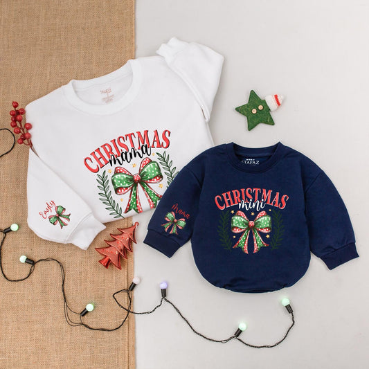 Matching Christmas Mama Mini Sweatshirt Set with Wreath, Gold Stars - Mommy and Me Outfits, Baby Bodysuit, Family Holiday Sweaters, 1st Christmas