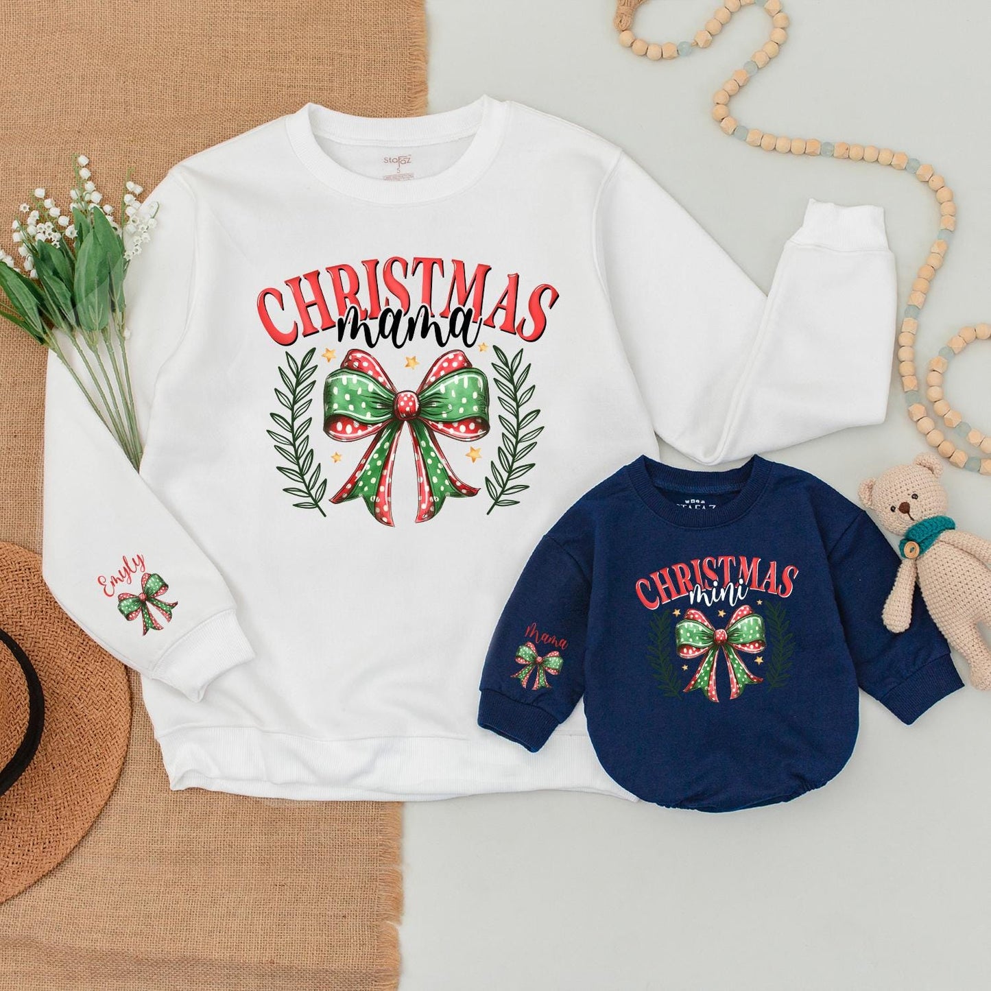 Matching Christmas Mama Mini Sweatshirt Set with Wreath, Gold Stars - Mommy and Me Outfits, Baby Bodysuit, Family Holiday Sweaters, 1st Christmas