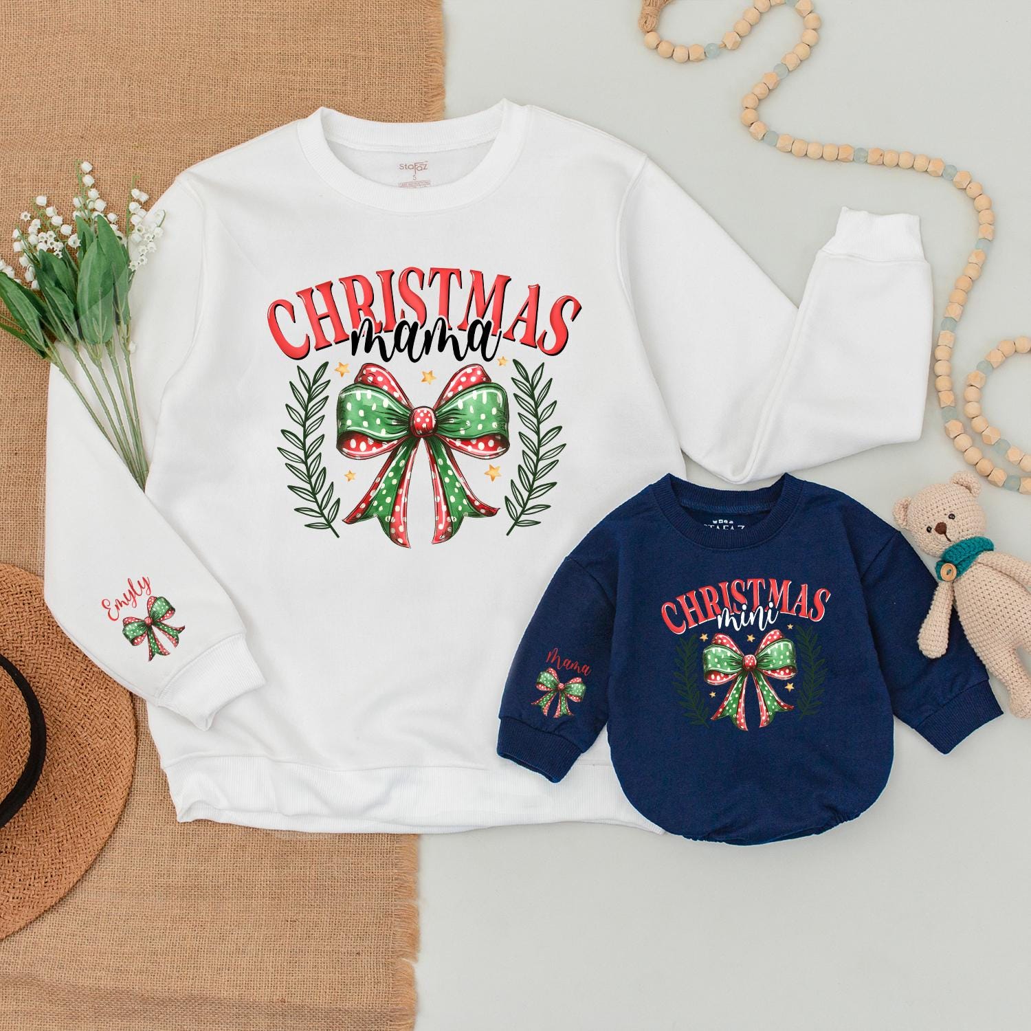 Matching Christmas Mama Mini Sweatshirt Set with Wreath, Gold Stars - Mommy and Me Outfits, Baby Bodysuit, Family Holiday Sweaters, 1st Christmas