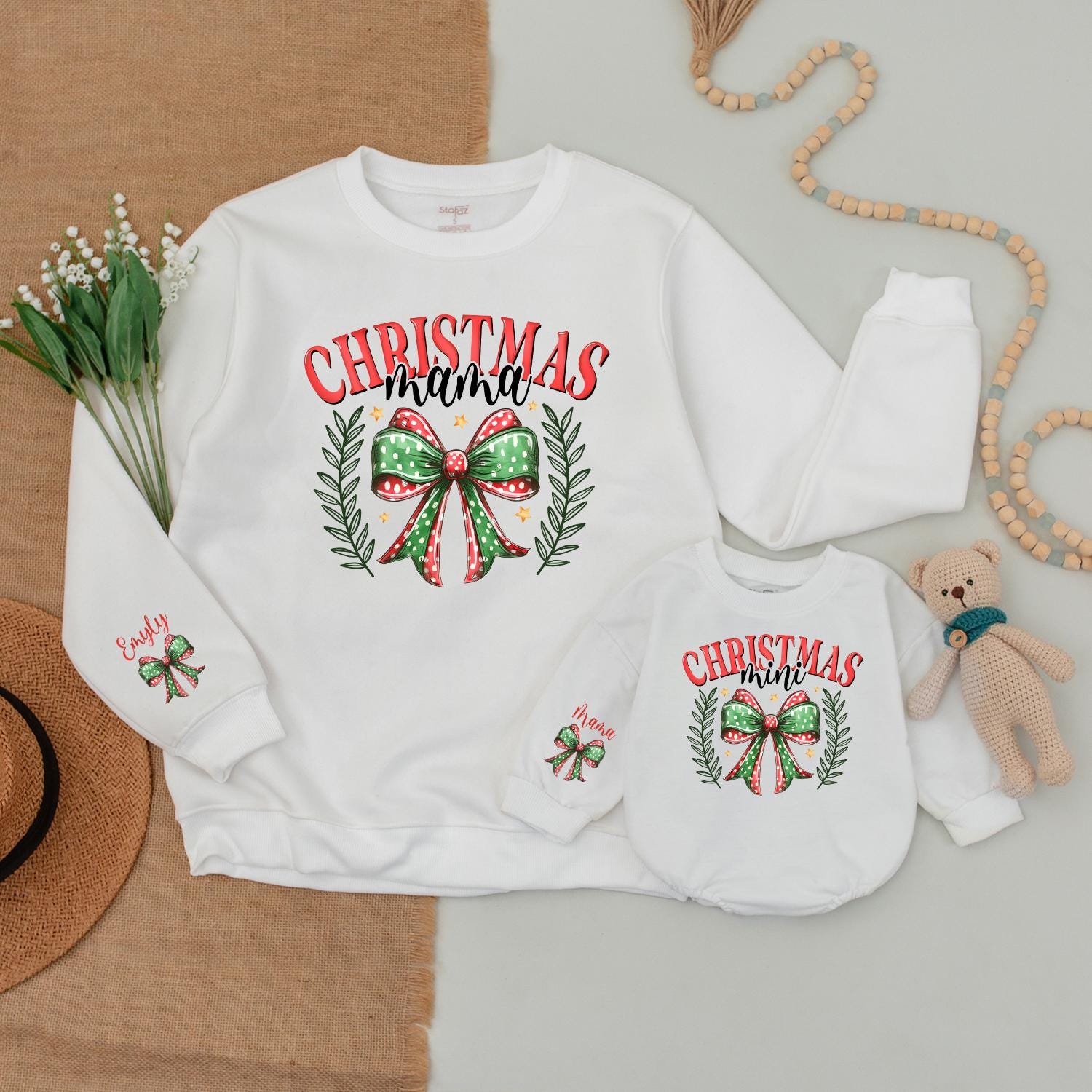 Matching Christmas Mama Mini Sweatshirt Set with Wreath, Gold Stars - Mommy and Me Outfits, Baby Bodysuit, Family Holiday Sweaters, 1st Christmas