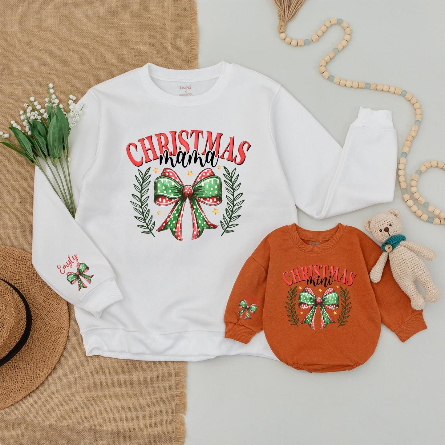 Matching Christmas Mama Mini Sweatshirt Set with Wreath, Gold Stars - Mommy and Me Outfits, Baby Bodysuit, Family Holiday Sweaters, 1st Christmas