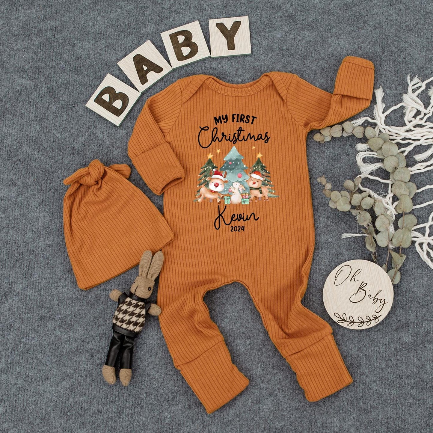 Personalized My First Christmas Bodysuit Kevin 2024, Newborn Outfit & Hat Set, Cute Reindeer Baby Jumpsuit, Holiday Baby Shower Gift, Coming Home Outfit 2024 (138 chars)