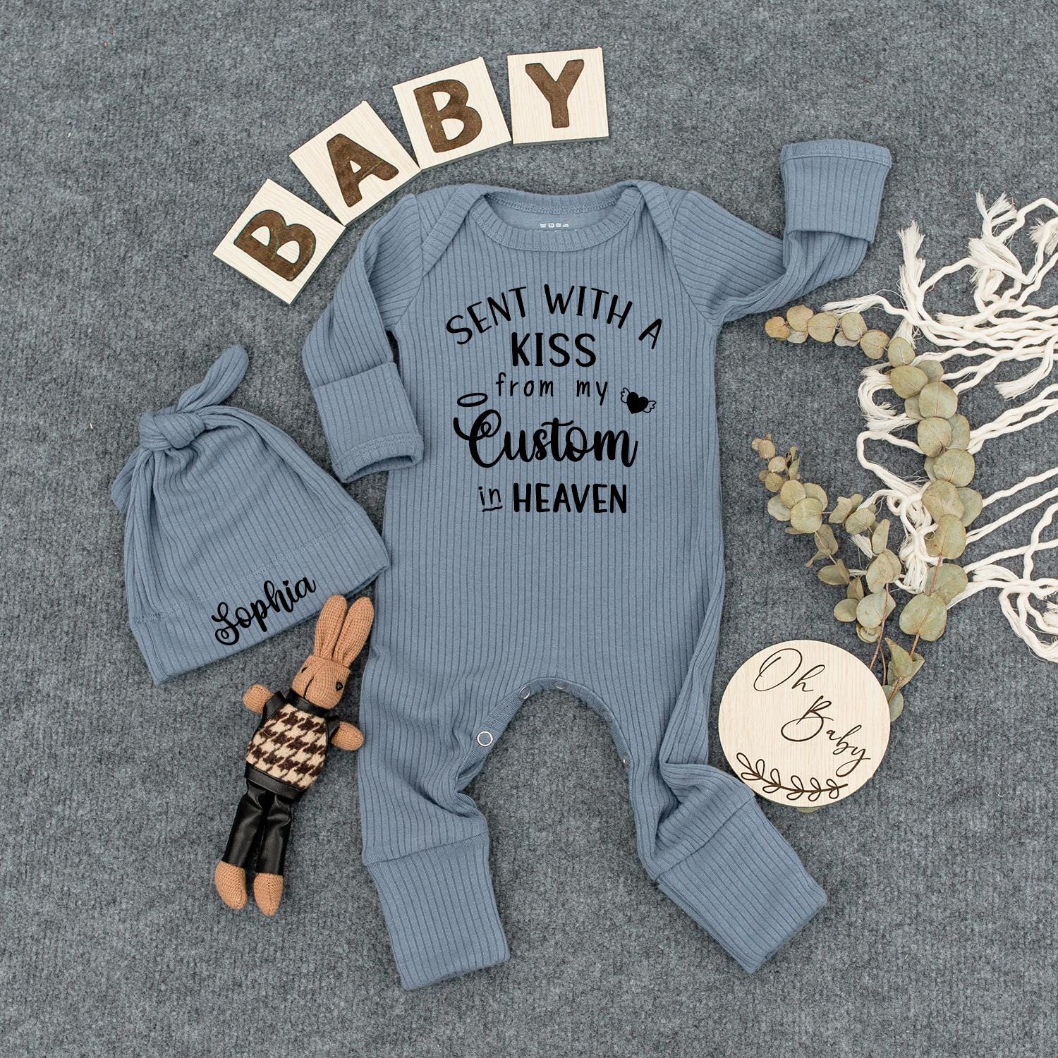 Sent With A Kiss Bodysuit & Hat Set Baby Girl or Boy Newborn Outfit Gift Angel Wings Heart Design Announcement