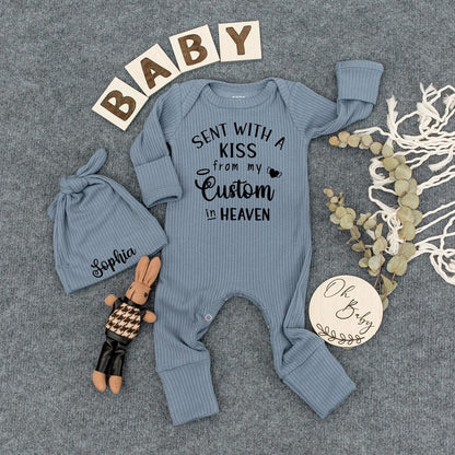 Sent With A Kiss Bodysuit & Hat Set Baby Girl or Boy Newborn Outfit Gift Angel Wings Heart Design Announcement