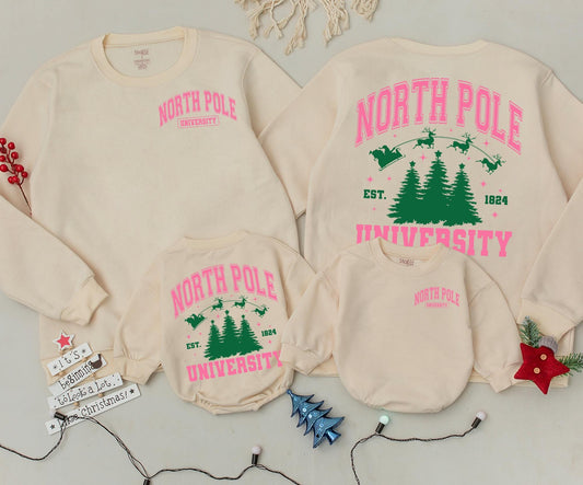 Mommy and Me North Pole University Christmas Sweatshirt Vintage Pink Green Collegiate Design Santa Sleigh Reindeer Est 1824 Baby Toddler Kids Clothing