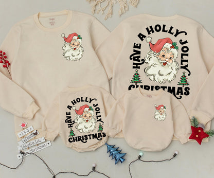 Retro Santa Christmas Sweatshirt Toddler Outfit, Have a Holly Jolly Xmas Romper, Vintage Holiday Newborn Clothing, 2 Sided Baby Sweater Gift 137