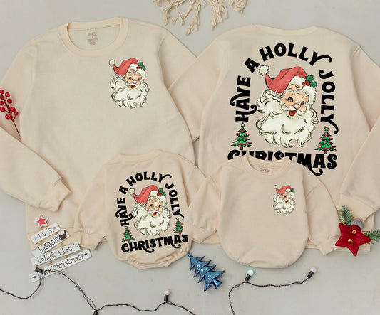 Retro Santa Christmas Sweatshirt Toddler Outfit, Have a Holly Jolly Xmas Romper, Vintage Holiday Newborn Clothing, 2 Sided Baby Sweater Gift 137