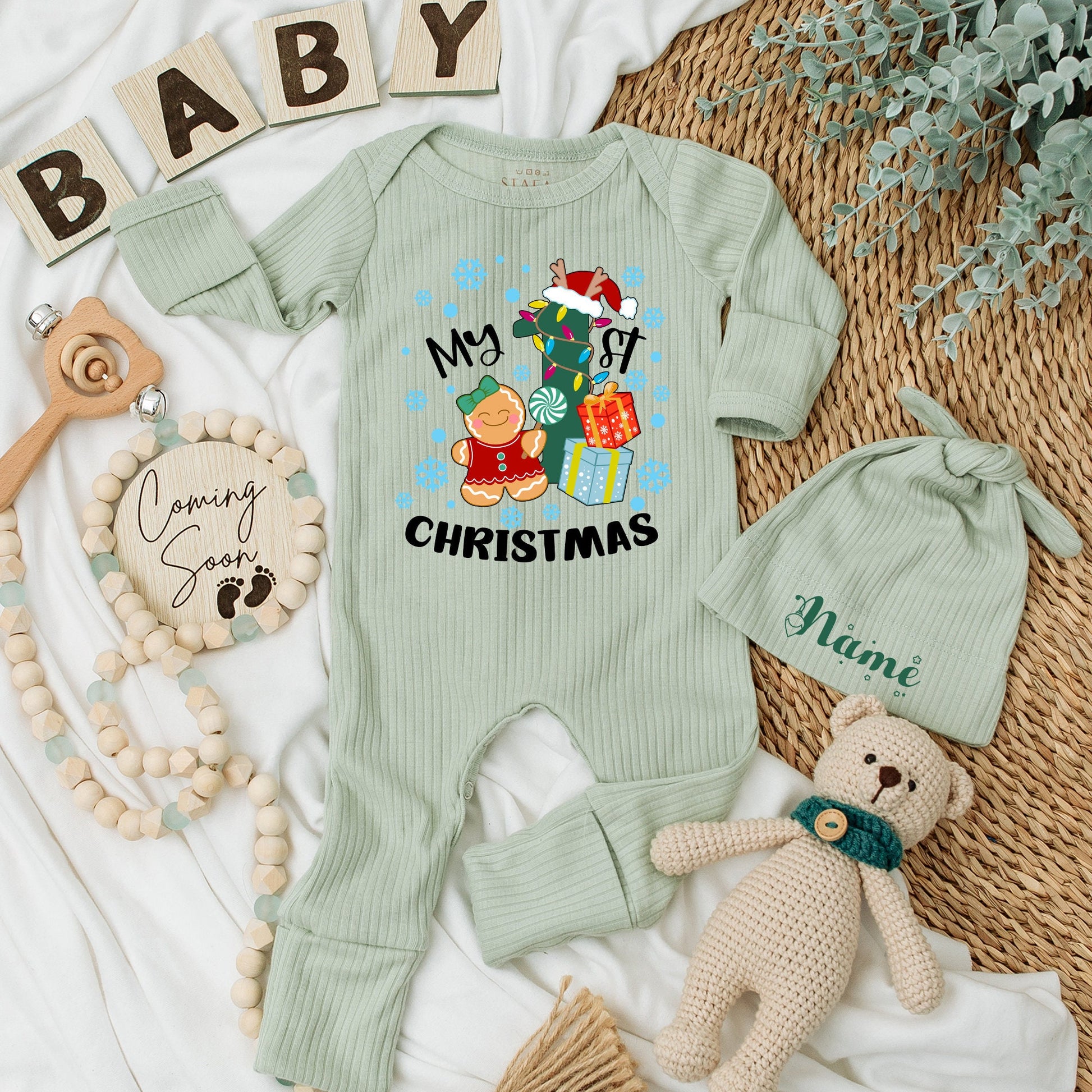 My 1st Christmas Baby Romper Outfit with Cute Gingerbread and Tree  Soft Newborn Coming Home Outfit Boy Girl Holiday Gift Shower Present 139