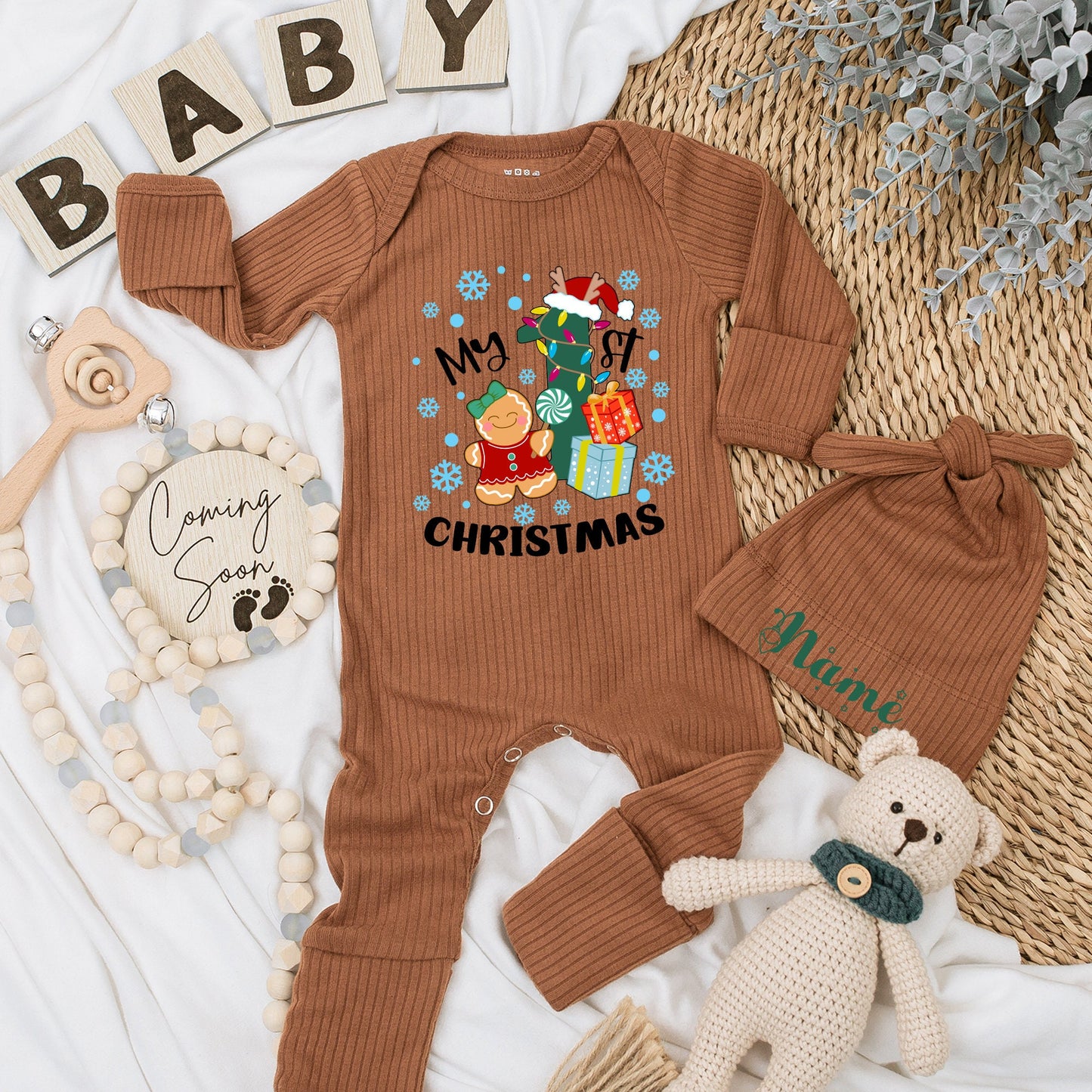 My 1st Christmas Baby Romper Outfit with Cute Gingerbread and Tree  Soft Newborn Coming Home Outfit Boy Girl Holiday Gift Shower Present 139