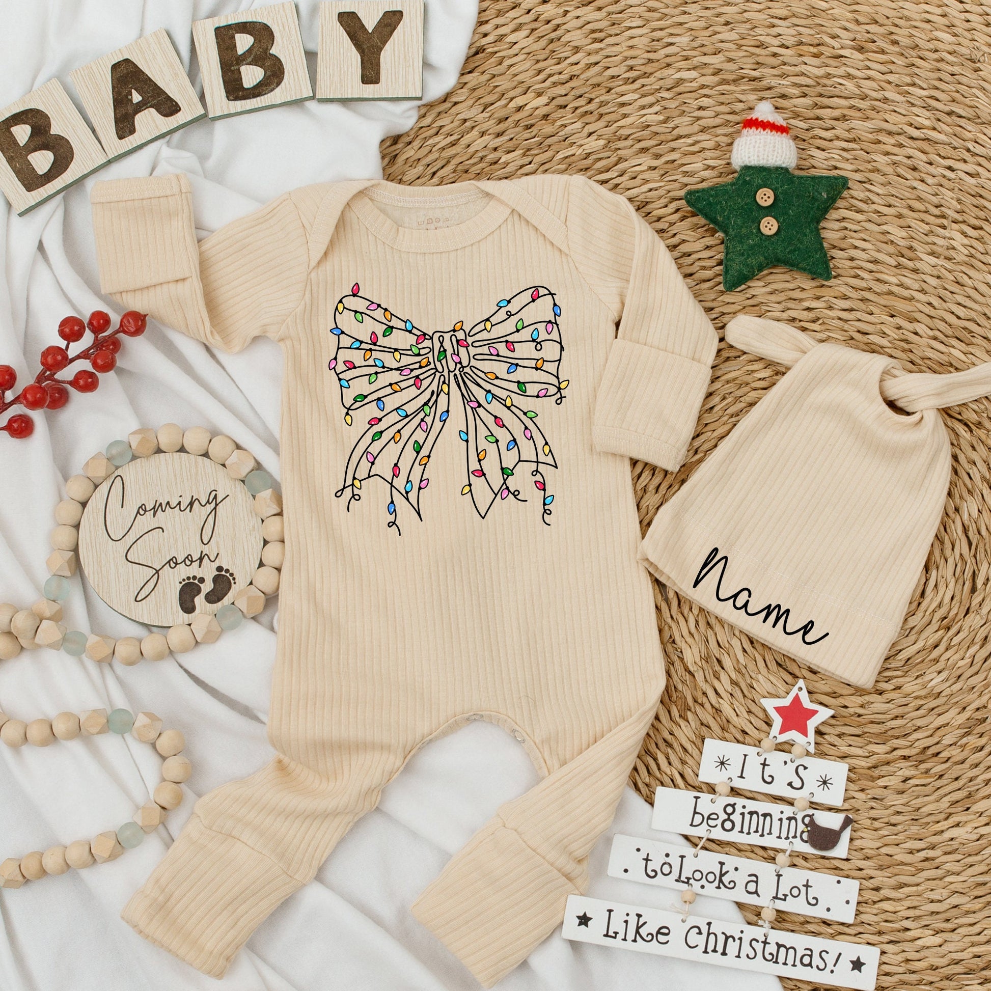 Festive Christmas Lights Bow Baby Bodysuit, Whimsical Holiday Outfit, Cheerful Newborn Clothes Set, Perfect Xmas Gift for Baby Boy or Girl, Cotton Soft 138