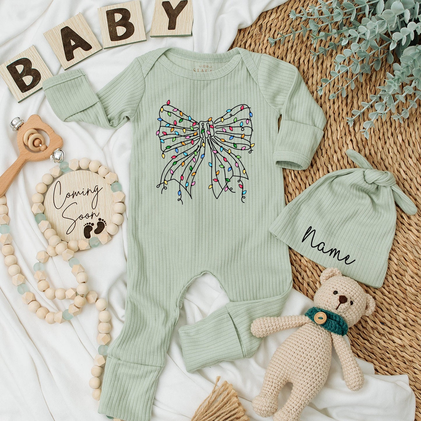 Festive Christmas Lights Bow Baby Bodysuit, Whimsical Holiday Outfit, Cheerful Newborn Clothes Set, Perfect Xmas Gift for Baby Boy or Girl, Cotton Soft 138