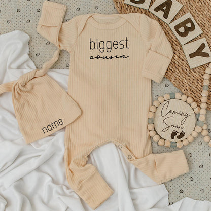 Biggest Cousin Baby Bodysuit & Hat Set, Newborn Coming Home Outfit, Personalized Name, Modern Minimalist Baby Boy Clothes Gift, Big Bro Style (138 chars)