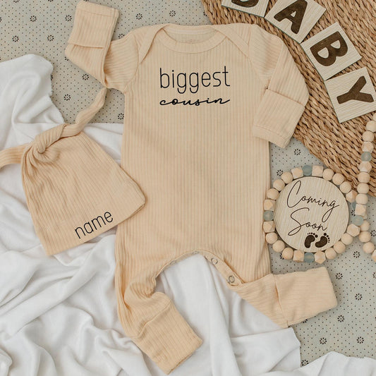 Biggest Cousin Baby Bodysuit & Hat Set, Newborn Coming Home Outfit, Personalized Name, Modern Minimalist Baby Boy Clothes Gift, Big Bro Style (138 chars)
