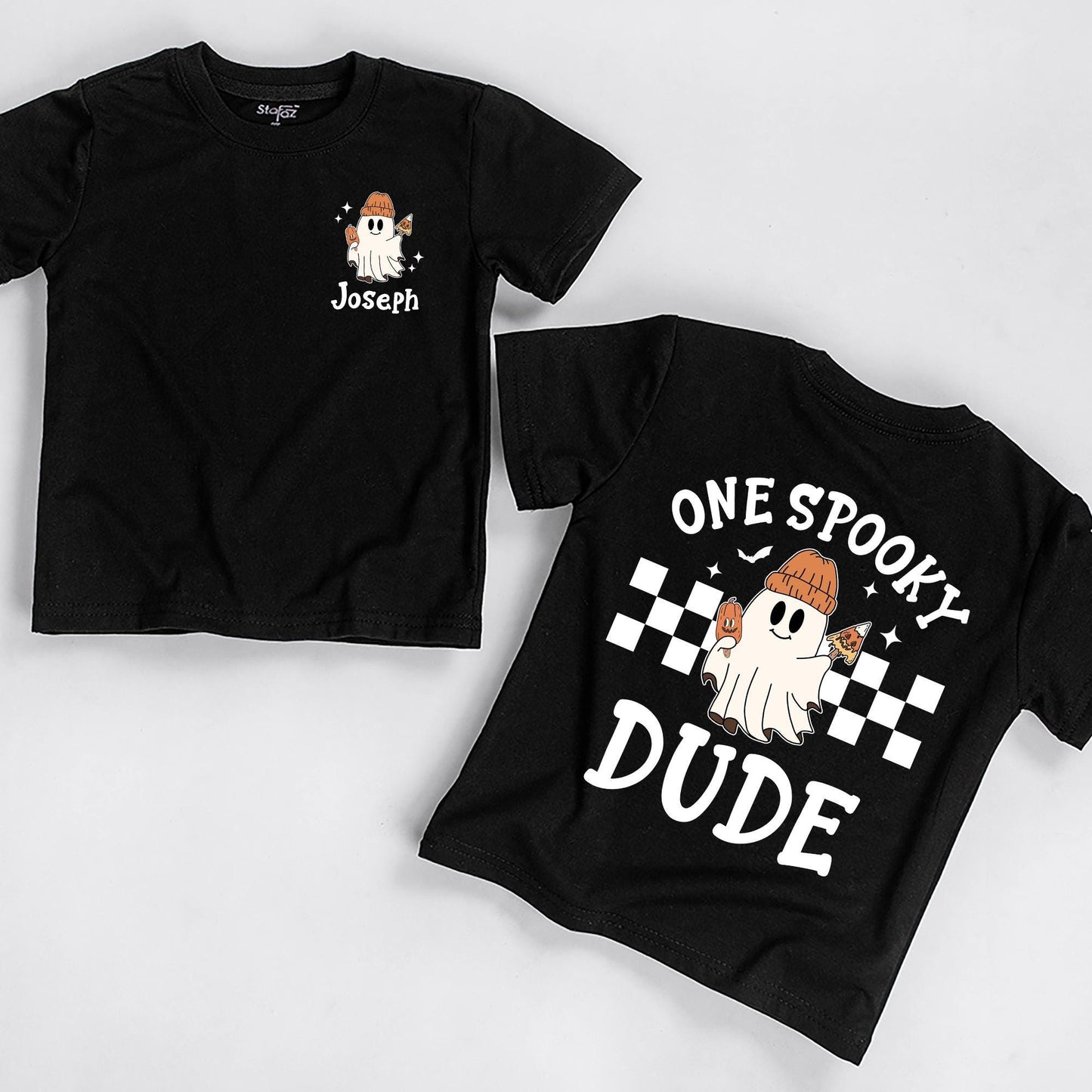 One Spooky Dude First Halloween T-Shirt Baby Boy Ghost with Jack-O-Lantern Orange Beanie Cute Boo Outfit Newborn Fall Gift Checkered Flag Stars 138