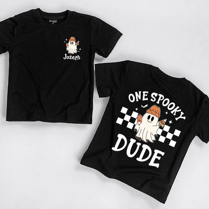 One Spooky Dude First Halloween T-Shirt Baby Boy Ghost with Jack-O-Lantern Orange Beanie Cute Boo Outfit Newborn Fall Gift Checkered Flag Stars 138