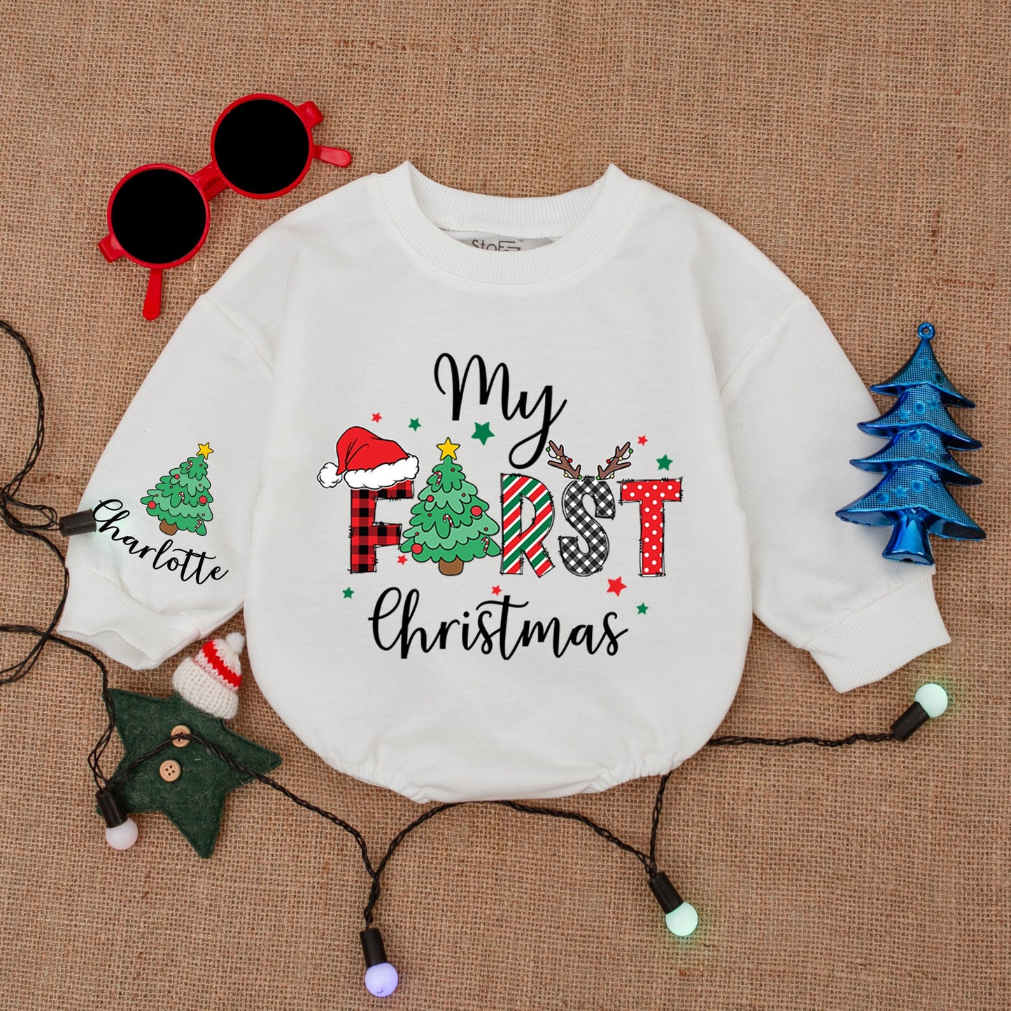 Custom Name First Christmas Baby Bodysuit Buffalo Check Santa Hat Outfit Personalized Infant Romper Holiday Baby Shower Gift Clothes Cozy Keepsake 137