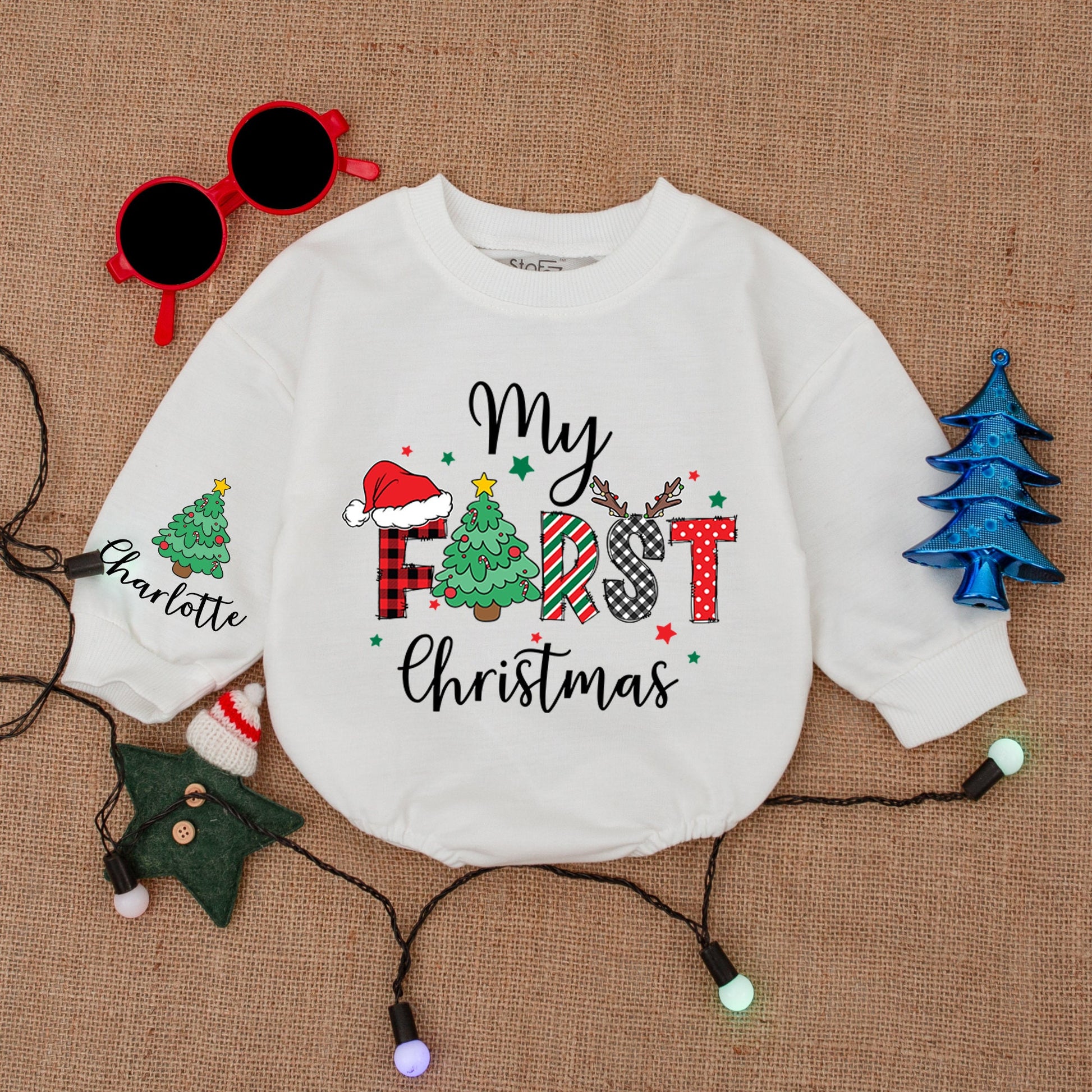 Custom Name First Christmas Baby Bodysuit Buffalo Check Santa Hat Outfit Personalized Infant Romper Holiday Baby Shower Gift Clothes Cozy Keepsake 137