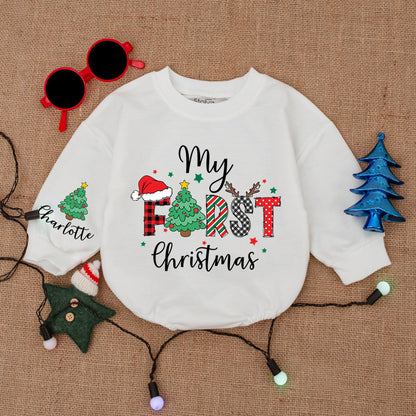 Custom Name First Christmas Baby Bodysuit Buffalo Check Santa Hat Outfit Personalized Infant Romper Holiday Baby Shower Gift Clothes Cozy Keepsake 137