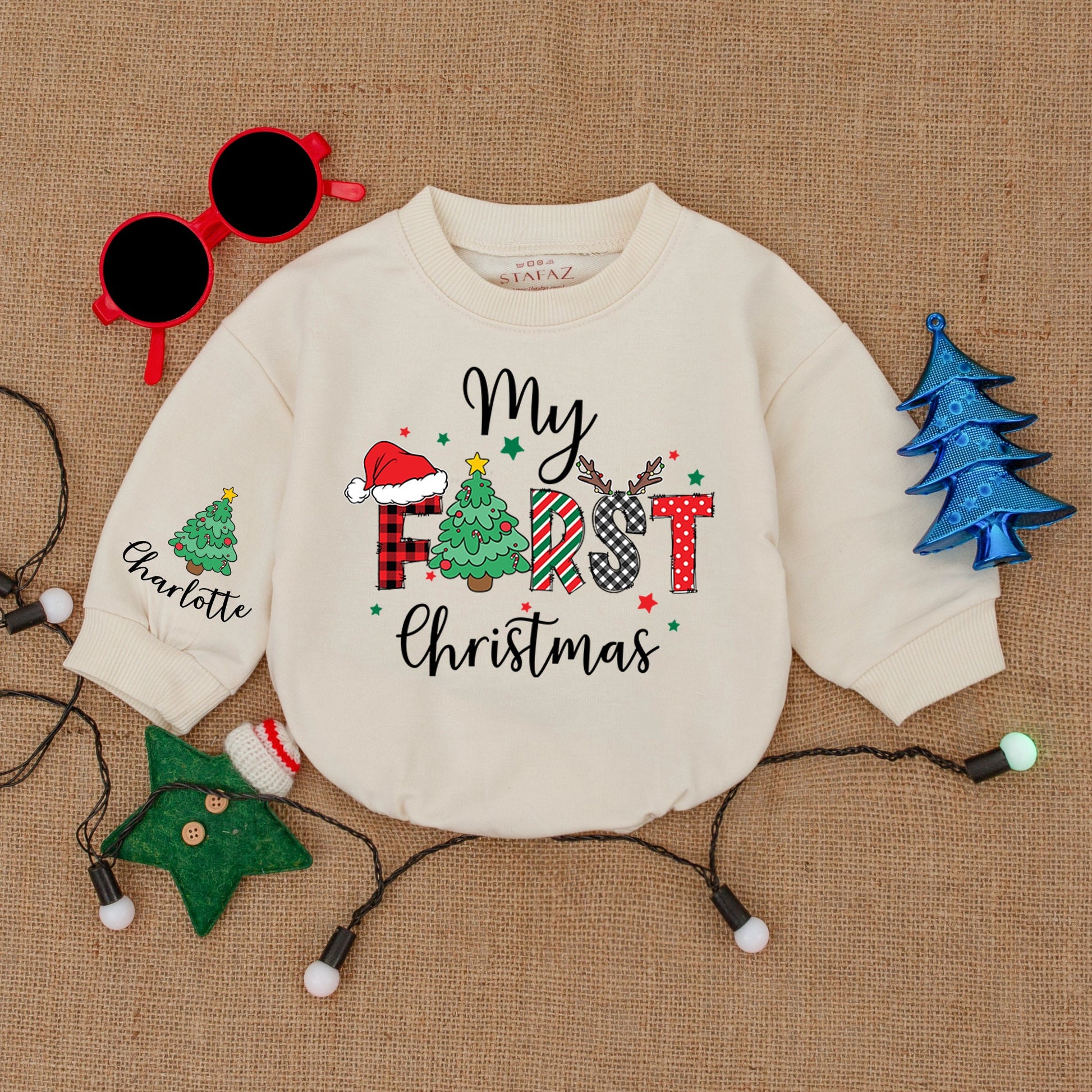 Custom Name First Christmas Baby Bodysuit Buffalo Check Santa Hat Outfit Personalized Infant Romper Holiday Baby Shower Gift Clothes Cozy Keepsake 137