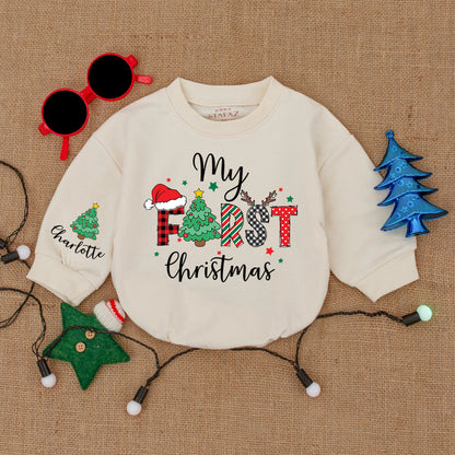 Custom Name First Christmas Baby Bodysuit Buffalo Check Santa Hat Outfit Personalized Infant Romper Holiday Baby Shower Gift Clothes Cozy Keepsake 137