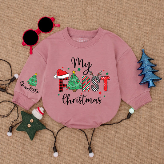Custom Name First Christmas Baby Bodysuit Buffalo Check Santa Hat Outfit Personalized Infant Romper Holiday Baby Shower Gift Clothes Cozy Keepsake 137