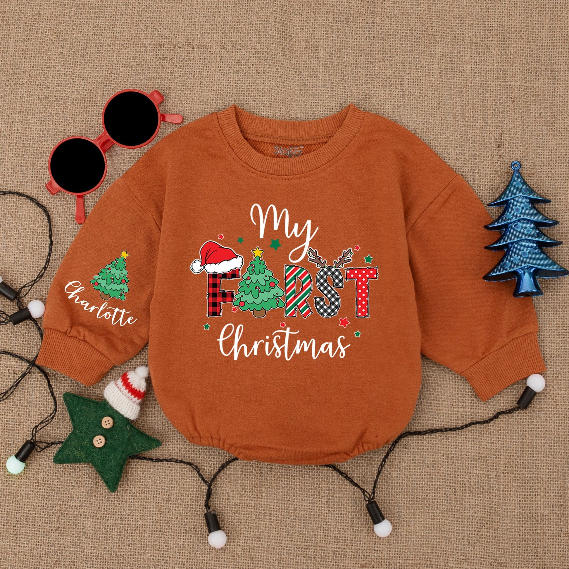 Custom Name First Christmas Baby Bodysuit Buffalo Check Santa Hat Outfit Personalized Infant Romper Holiday Baby Shower Gift Clothes Cozy Keepsake 137