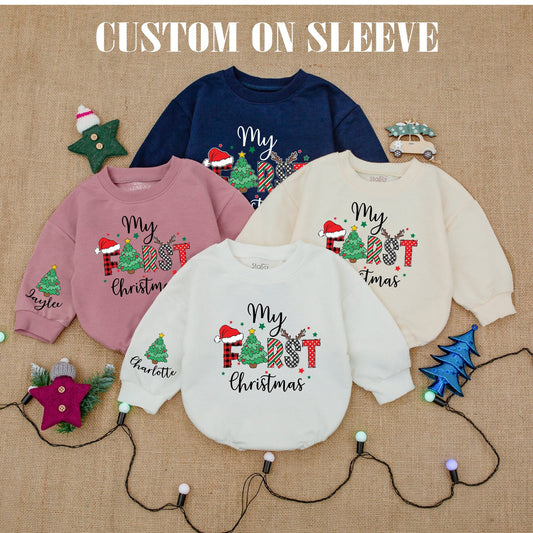 Custom Name First Christmas Baby Bodysuit Buffalo Check Santa Hat Outfit Personalized Infant Romper Holiday Baby Shower Gift Clothes Cozy Keepsake 137