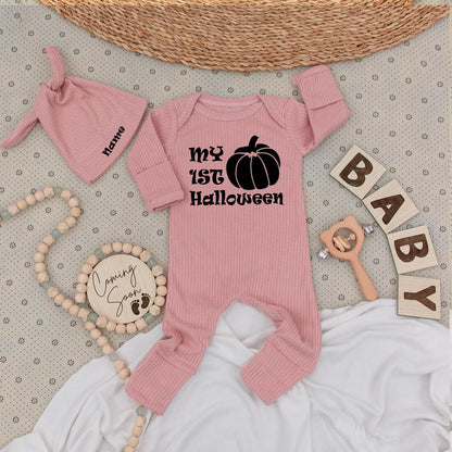 Personalized My First Halloween Baby Bodysuit and Hat Set Newborn Long Sleeve Outfit with Name on Hat Black Pumpkin Graphic Coming Home Baby Shower Gift Autumn Fall