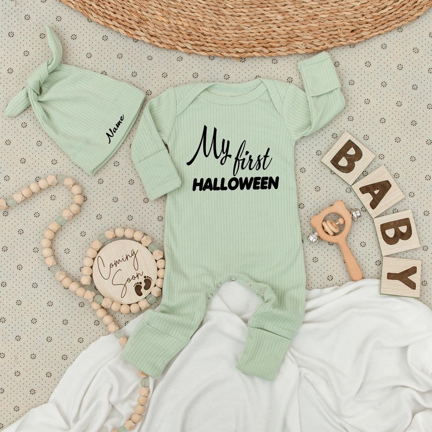 My First Halloween Baby Bodysuit Set Personalized Name Hat, Cute Newborn Outfit, Long Sleeve Jumpsuit Coming Home Gift, Little Pumpkin Announcement 139