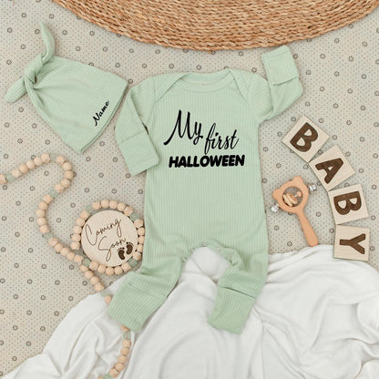 My First Halloween Baby Bodysuit Set Personalized Name Hat, Cute Newborn Outfit, Long Sleeve Jumpsuit Coming Home Gift, Little Pumpkin Announcement 139